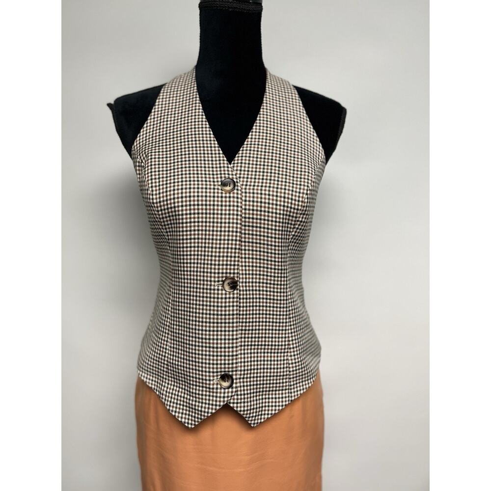 Vintage Style Button Up Vest Medium Light Academia Preppy Equestrian Plaid Boho